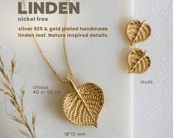 Sieradenset gouden lindeblad – sterlingzilveren hanger en oorbellen, delicaat botanisch ontwerp, doordachte aandenken