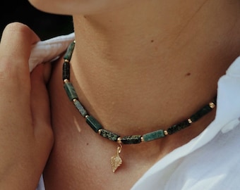 Verstelbare ketting mosagaat en Afrikaanse turkoois • Bladhanger in zilver of goud • Natuursieraden Cadeau voor haar • Slavische symboliek