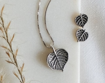 Sterlingzilveren lindeblad sieradenset • Op de natuur geïnspireerde ketting en oorbellen • Botanisch cadeau voor haar • Slavische vrouwelijke symboliek
