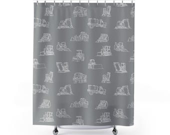 Construction Vehicle Shower Curtain in Gray