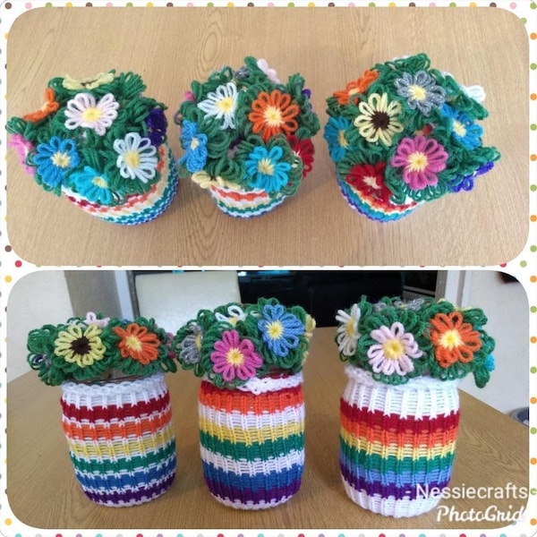 Loom Knitting PATTERNS | Loom Knit Rainbow Flower Jars | Gifts | Home Decro  | Teacher gifts | Mother's Day