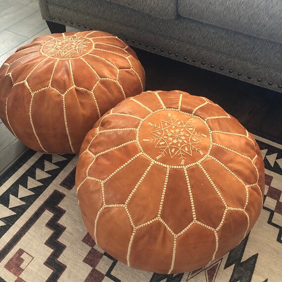 Brown leather foot pouffe best sale