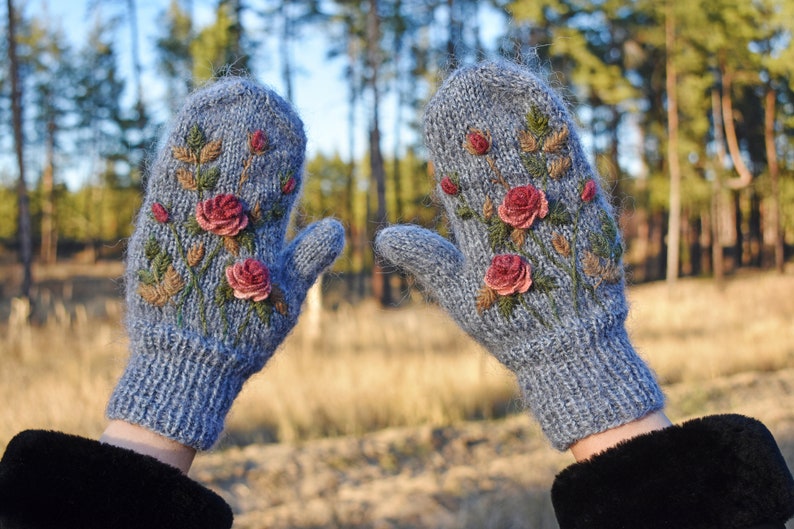 Embroidered mittens women with floral design fluffy hand Etsy