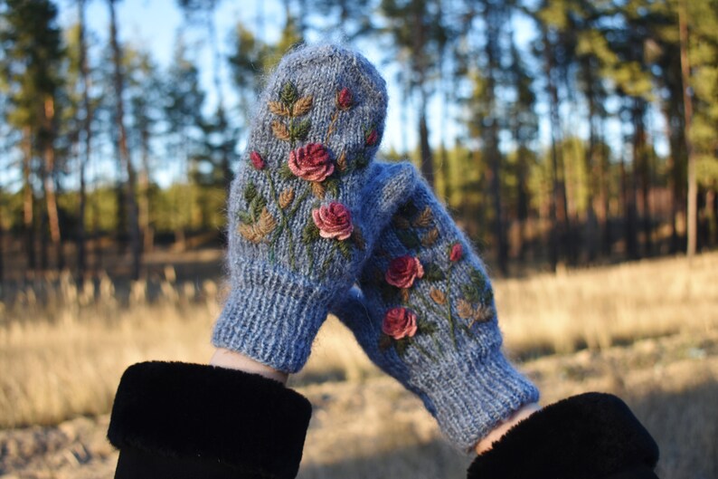 Embroidered mittens women with floral design fluffy hand Etsy