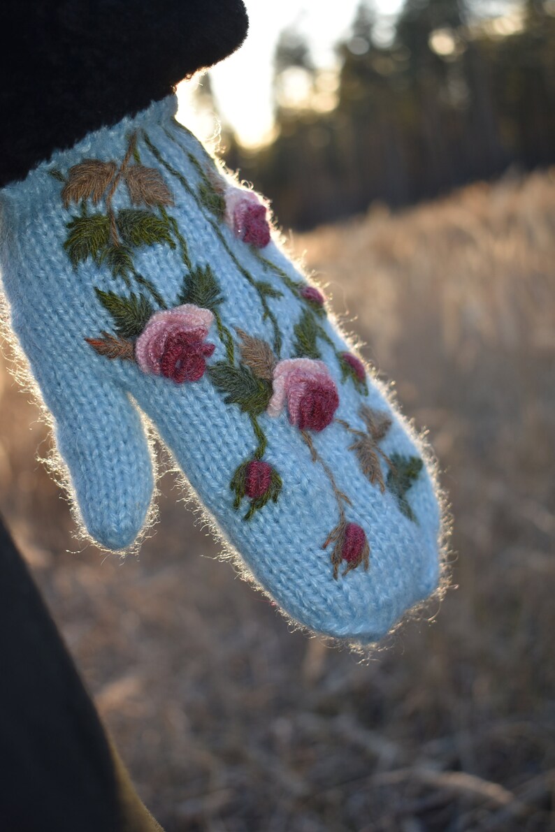 Embroidered mittens women with floral design fluffy hand Etsy