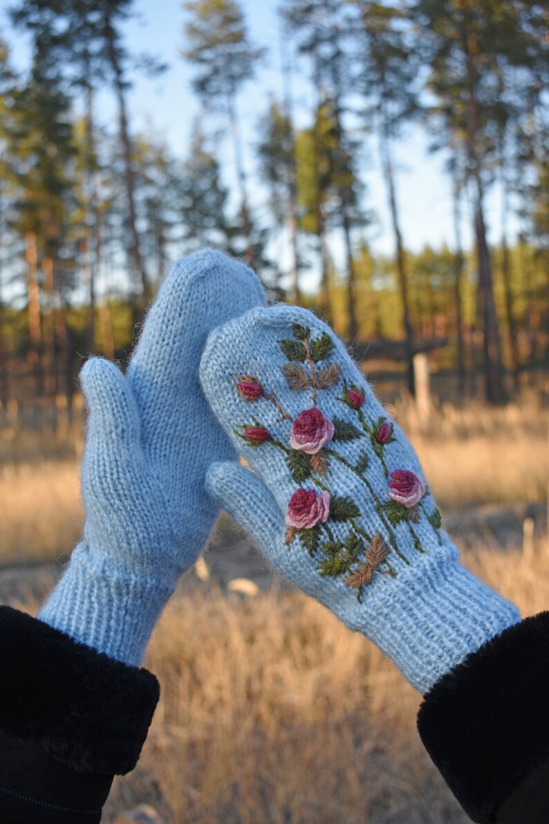Embroidered mittens women with floral design fluffy hand Etsy