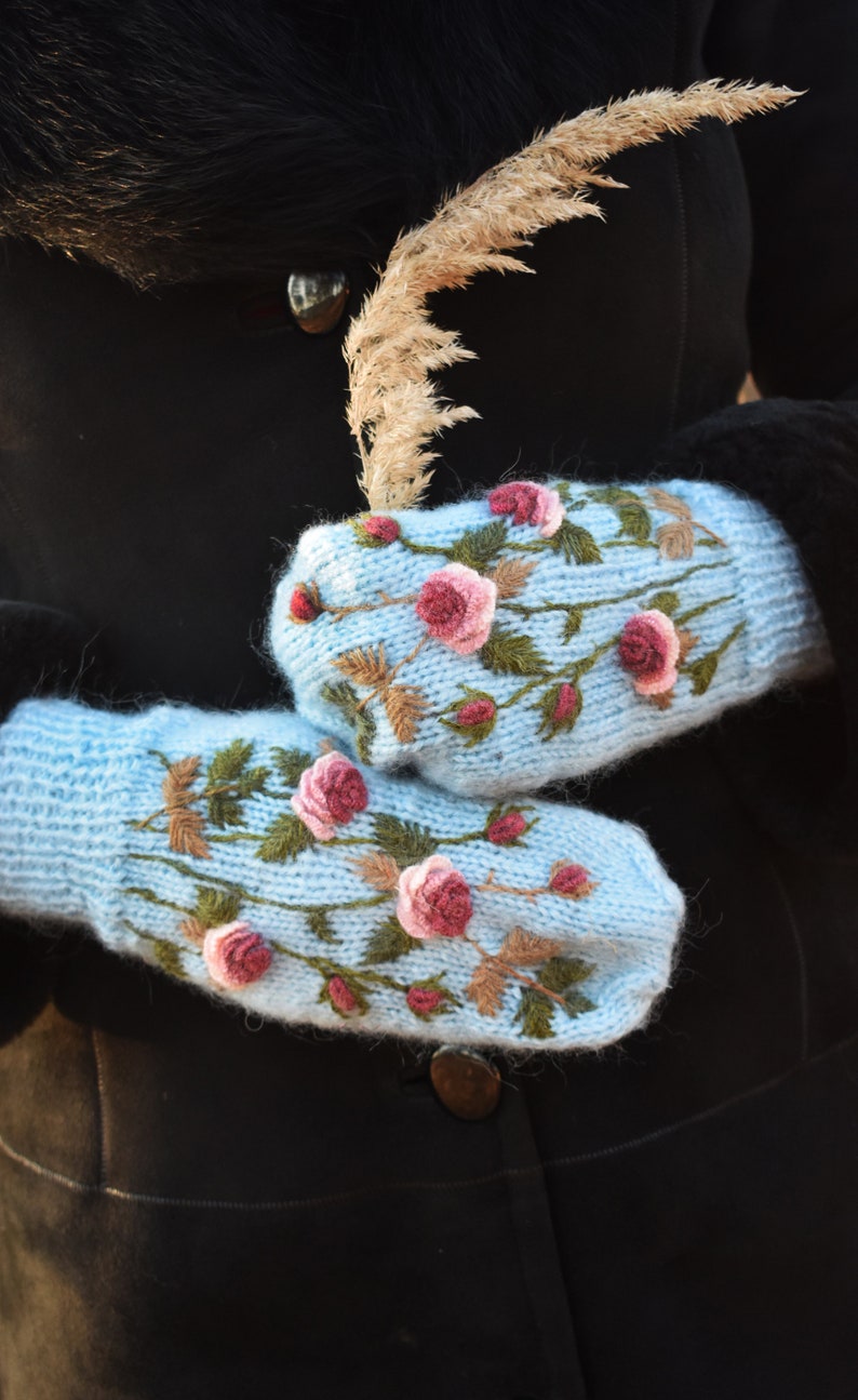 Embroidered mittens women with floral design fluffy hand Etsy