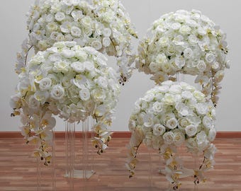 Artificial White Rose & Orchid Flower Arrangement for Wedding Decor – Elegant Silk Floral Centerpiece for Ceremony, Party Backdrop