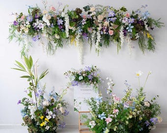 Colorful Wildflower Wedding Backdrop Set | Faux Floral Arch Arrangement | Spring Garden Flower Decor | Ceremony Sign Decor | Photo Prop