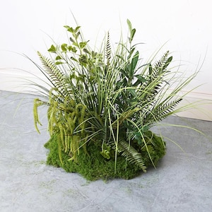 May include: A vibrant, artificial plant arrangement featuring a variety of green foliage, including ferns, grasses, and leafy plants. The base is covered in lush, green moss, creating a natural and textured appearance. The arrangement is set against a neutral gray background.