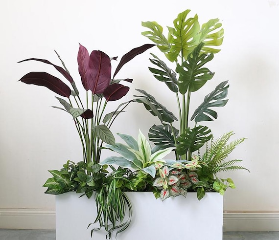 Faux Tropical Plant Arrangement: Burgundy & Monstera Leaves - Etsy Israel