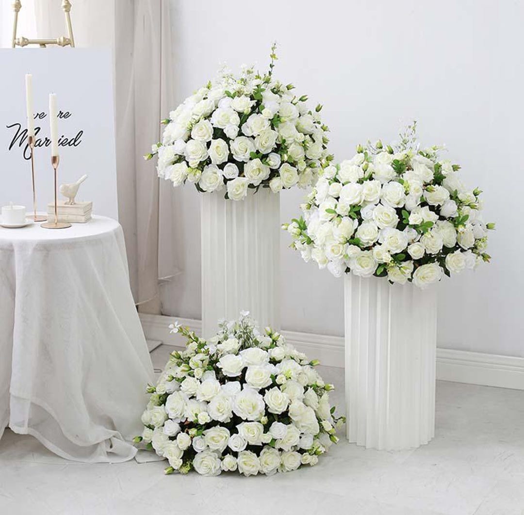White Rose Wedding Aisle Decor: Silk Flower Arrangement With Pedestals ...