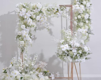 White Silk Rose & Orchid Wedding Backdrop: Gold Frame Floral Arch