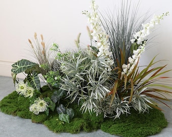 Artificial Green Plant Arrangement, Faux White Flowers, Moss Base