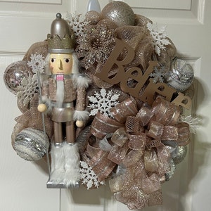 Nutcracker wreath in rose gold and silver!  Beautiful front door wreath.