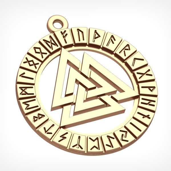 Valknut pendant - Viking Valknut - Circle Pendant with Runic Border with valknut - stl design jewelry - file download - for jewellers