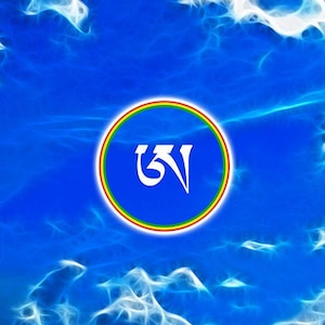 Puede incluir: Un fondo azul con patrones blancos en espiral. Un símbolo tibetano blanco, "Om", está centrado en un círculo con un borde de arcoíris.