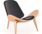 Sale Hans Wegner Contemporary Style Shell Chair Natural Wood Black Retro Chic. Black leather seat. Danish mid century chair.