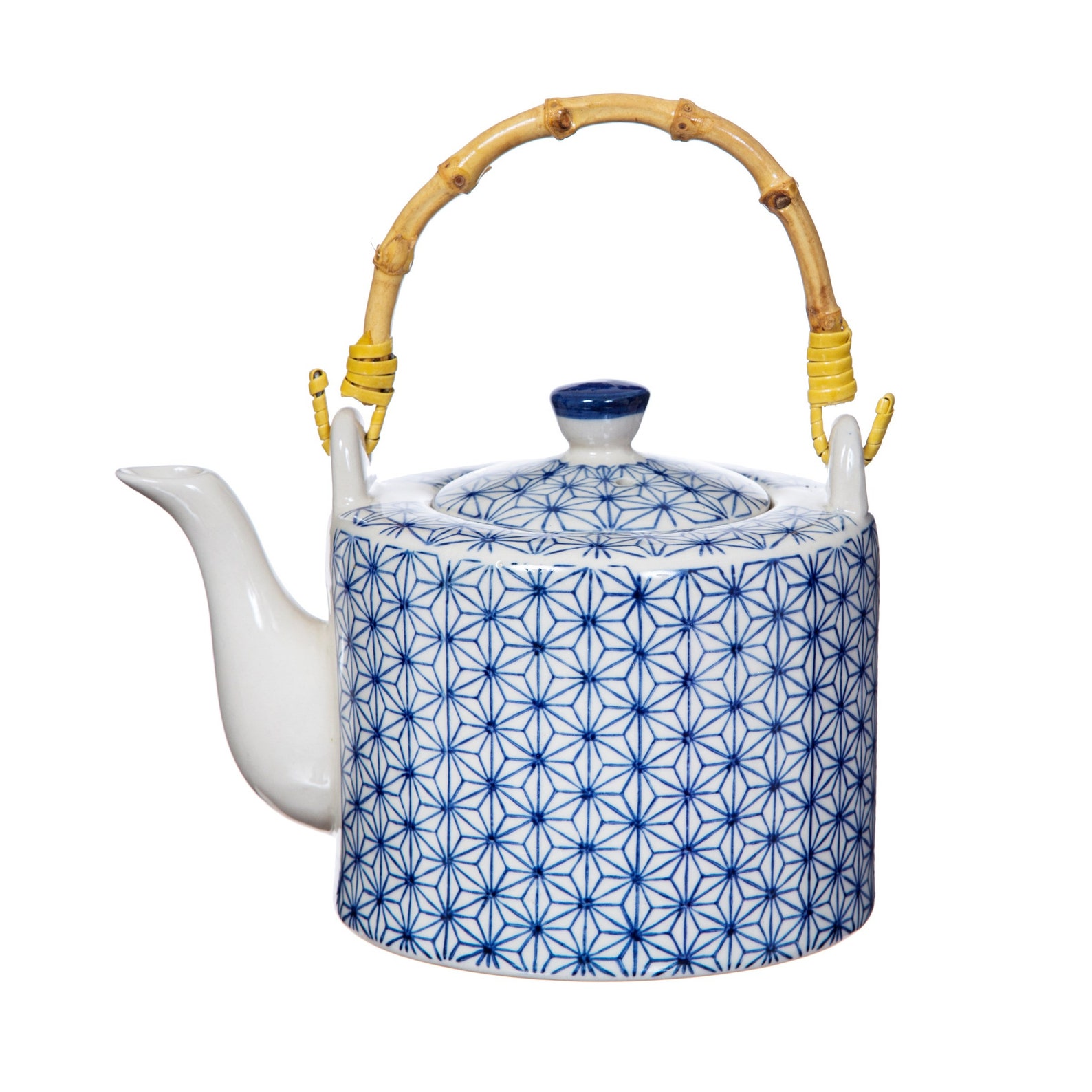Mid century Boho Japandi White and blue Teapot with Bamboo Etsy