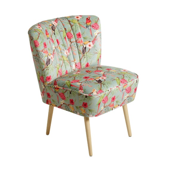 Mid Century Satin Duck Egg Blue With Bright Pink Toucan Print Upholstered Chair Retro 1950 S 1960 S Danish Cocktail Chair Hawaiian Design