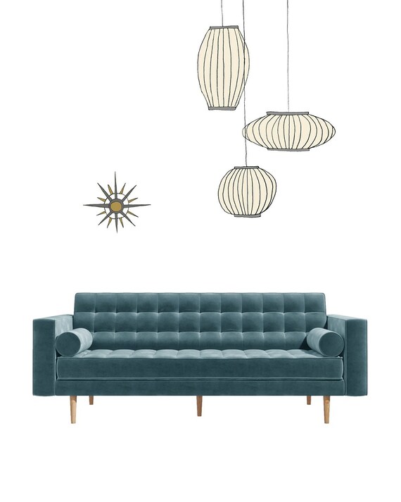 Mid century light blue velvet fabric 3 seater Sofa. Large Sofa | Etsy