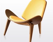 Sale Hans Wegner Contemporary Style Shell Chair Natural Wood Yellow Retro Chic. Yellow Vegan leather.