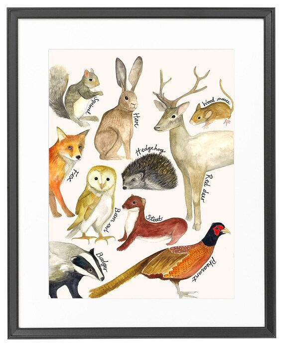 woodland painting, british animals, countryside painting, nursery print, kids room, educational print