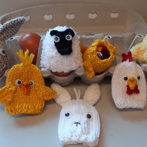 May include: Six knitted egg cosies in an egg carton. The cosies are shaped like a bunny, chick, sheep, chicken, and two more chicks. The cosies are in various colours, including white, grey, yellow, and red.