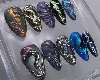Luxury Futuristic Press On Nails with 3D Textures and Metallic Shine, Unique 3D Abstract Press On Nail Set, Galaxy and Holographic Nail Art