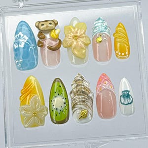 Cute Monkey Press On Nails, 3D Summer Beach Nail Art, Handmade Vacation Fake Nails, Kawaii Press On Nails with Kiwi & Shells, Monkey nails