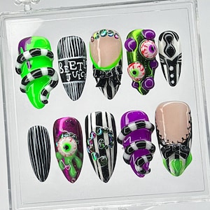 Beetlejuice Halloween Press On Nails, Handmade 3D Nail Art with Green and Purple Stripes, Spooky Beetlejuice Nails, Beetlejuice Gothic Nails