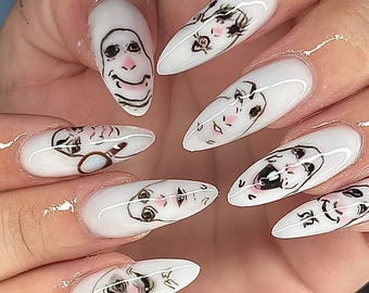 Funny Meme Press On Nails | Handpainted Creepy Cute Faces Fake Nails | Quirky Y2K Viral Cartoon Nail Art