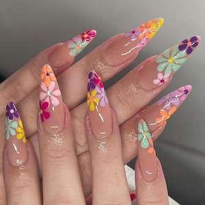 Spring Floral Press On Nails, Hand-Painted Colorful Flower Nail Art, Elegant Spring Wedding Nails, Vibrant Bloom Nail Set, Spring Nails