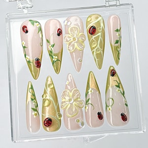 Cute Ladybug Nails, Nature Inspired Press Ons, Long Green Floral Nails, Hand Painted Ladybug Nails, Garden Theme Nails, Whimsical Nails