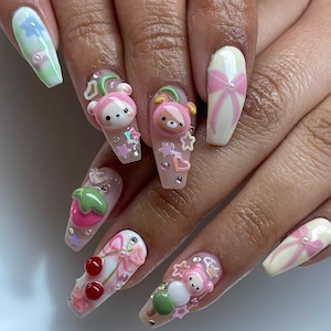 Cute Bear & Cherry Press On Nails, Rilakkuma Kawaii Nails, Rilakkuma and Kaoru Inspired Press On Nails, 3D Bear Charms, Bows on Fake Nails