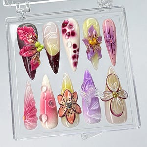 Colorful 3D Flower Press On Nails, Artistic Bloom Gel Nails, 3D Flower Nail Art, Gradient Gel Nail Art Set, Unique Handmade Floral Nails