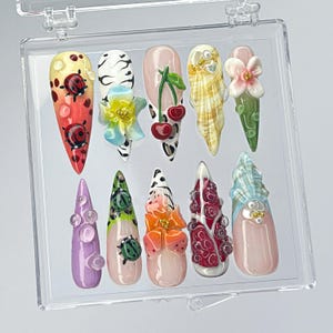 Einzigartige 3D-Natur inspirierte Press-On-Nägel, lebendiger Animal-Print, Obst- und Blumenakzente auf künstlichen Nägeln, lebendige Kawaii-3D-Nägel, Press Ons