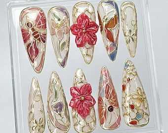 Uñas postizas de vitral, set de uñas con diseño floral 3D, diseño floral de línea dorada, uñas de vitral, uñas de mosaico, uñas vintage