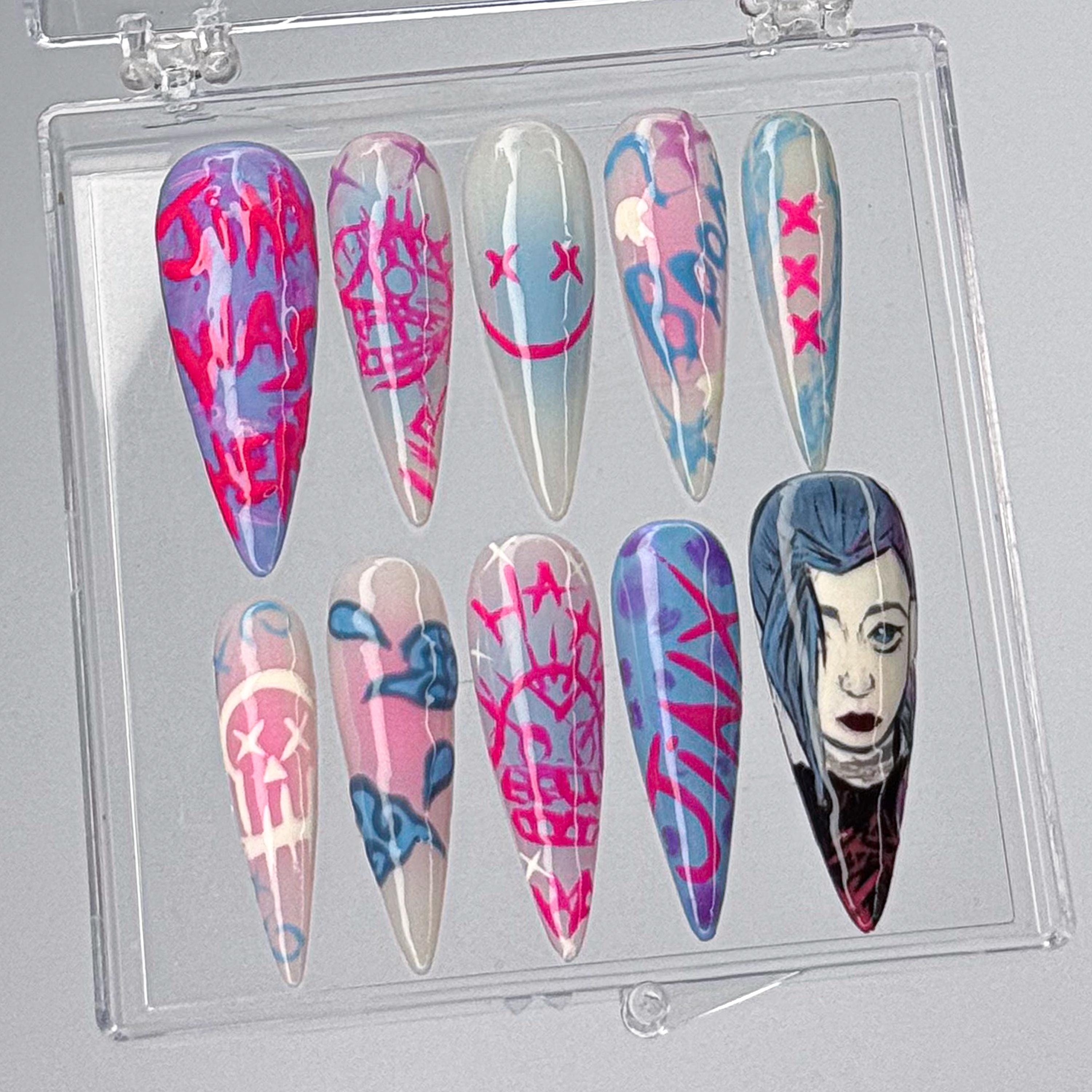 League of Legends Jinx Nails, Neon Graffiti Press-On Nails, Custom Pop Art Ombre Nails, Jinx Graffiti Nail Art, Custom Nail Set, Anime Nails