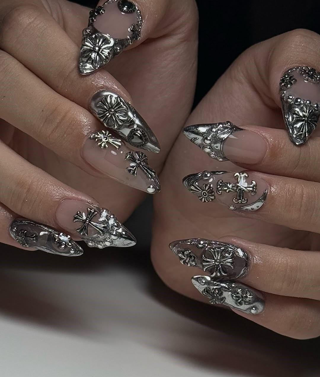 Chrome Gothic Press on Nails, Silver 3D Cross Nail Art, Y2k Nail Art, Handmade Gothic-inspired Press on Nails With Chains, Chrome Nails - Etsy Japan