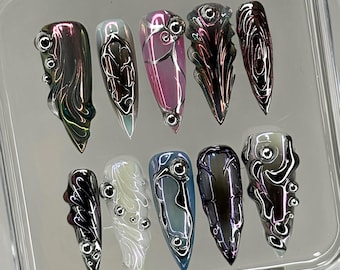 Holographic Chrome Press On Nails,  Metallic Abstract Nail Art, Long Iridescent Nails, Galaxy Inspired Nail Art, Y2k Nails, Chrome nails