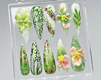 3D Floral Green Press On Nails, Handmade Nature-Inspired Nail Art, Luxury Botanical Press On Nails, Acrylic Nails, Garden-Inspired Fake Nail