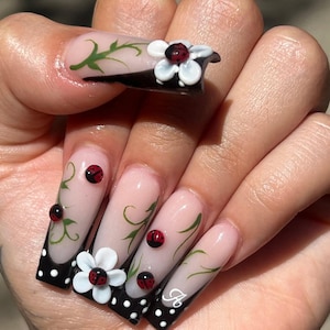 Ladybug Press On Nails, Cute Spring French Tip Nails with 3D Flower & Polka Dot Design, Spring Garden Press On Nail,  Black French Tip Nails