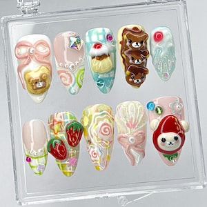Kawaii Rilakkuma Nail Set, Strawberry & Cupcake Press On Nails, 3D Rilakkuma Gel Nails, Handmade Kawaii Bear and Bow Nail Art, Cute Nails