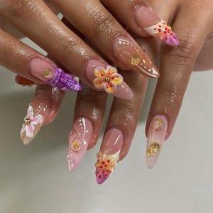 3D Flower Long Almond Press On Nails, Floral Handmade Gel False Nails for Birthday Event Party Holiday Vacation, Spring Nails