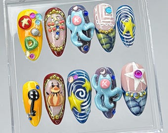 Coraline-Inspired Press On Nails, 3D Coraline Nails with Stars & Buttons, Halloween Press On Nails, Cosplay Nails for Horror, Halloween Nail