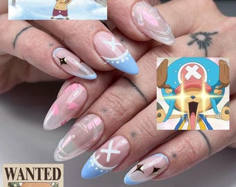 Uñas postizas de Tony Tony Chopper (anime) / Uñas postizas con pétalos de cerezo / Uñas almendradas de gel 3D con punta francesa azul / Uñas postizas inspiradas en One Piece