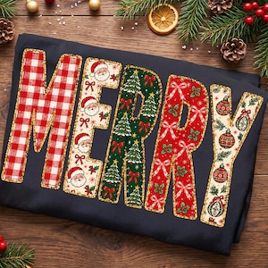 May include: A dark navy blue t-shirt featuring the word MERRY in large block letters. Each letter has a unique Christmas pattern: red and white buffalo plaid, Santa Claus faces, green Christmas trees, red bows, and holiday ornaments.
