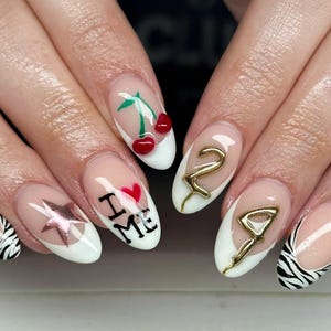 Custom Birthday Number Press On Nails, Cherry Star Nail Art, I Love Me Design, White French Tip with Cherry Fake nails, Red Cherry Nail Art