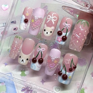 Kawaii 3D Press-On Nails, Cute Rilakkuma, Cherry, and Strawberry Nail Art, Playful Kawaii Press On Nails, Cherry on Fake Nails, Press Ons image 2